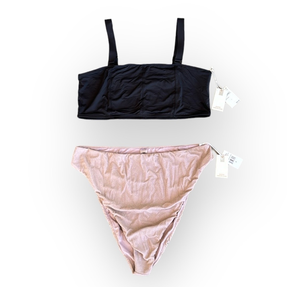 NWT Good American Black Countour Top & Lilac Sparkle GoodWaist Cheeky Bikini Set